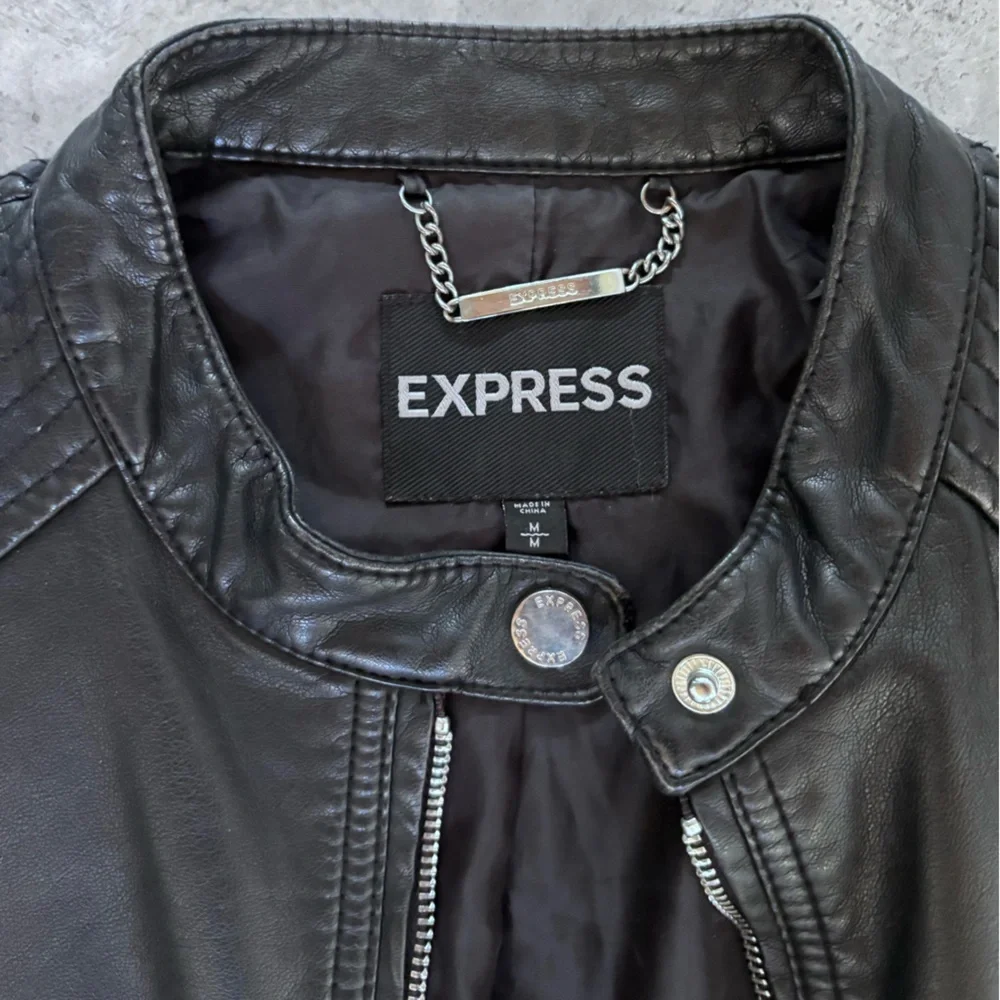 Women’s Express Black Faux Leather Moto Jacket with Quilted Shoulder Detail